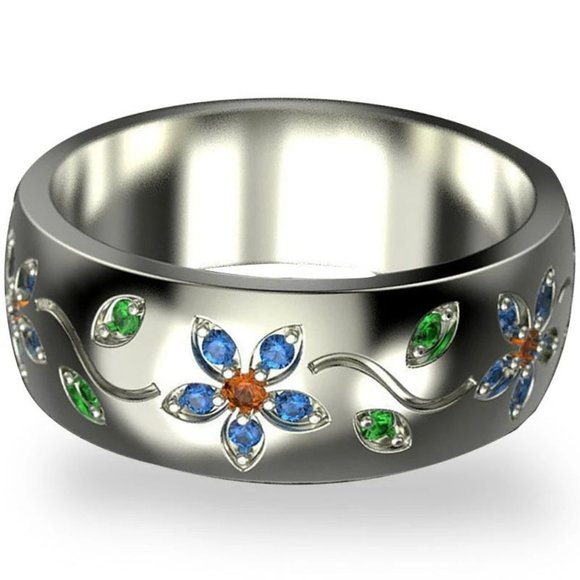 Colorful Small Flower Vine Silver Ring - Picture 1 of 7